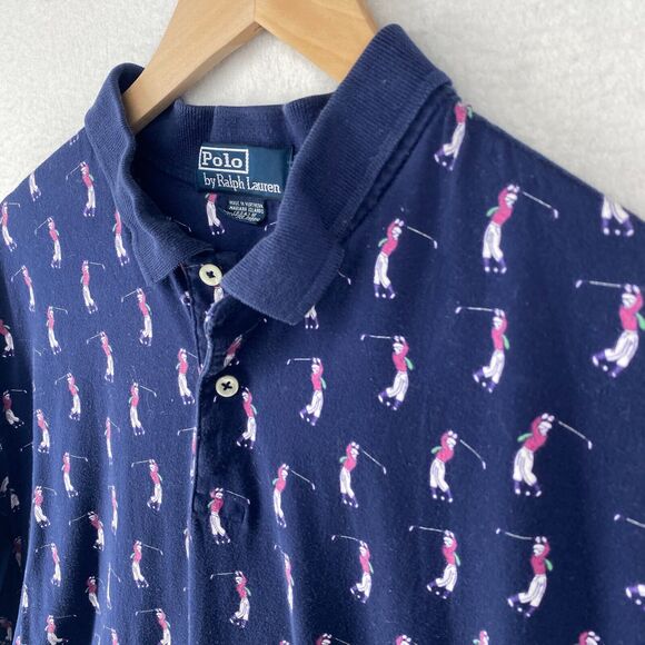 POLO RALPH LAUREN Shirt Men L Golf Polo All Over Print Golfer Cotton Jersey Blue - Picture 6 of 15